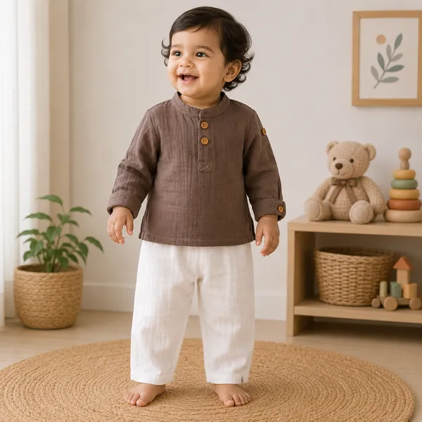 Muslin_Cotton_Brown_Mandarin_Collar_Kurta_Set_for_Boys