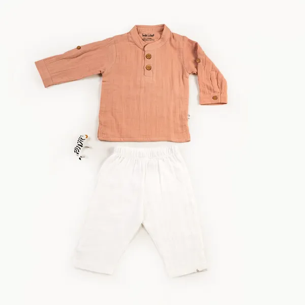 Muslin_Cotton_Peach_Kurta_And_White_Pants_Set_for_Boys
