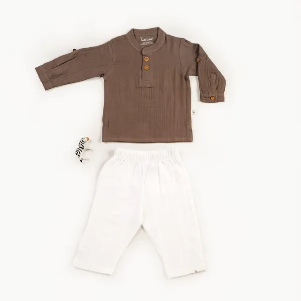 Muslin_Cotton_Brown_Mandarin_Collar_Kurta_Set_for_Boys