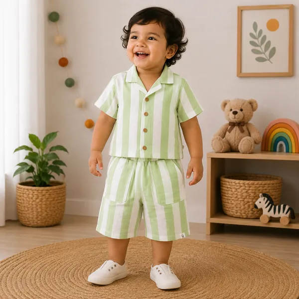 Muslin_Cotton_Green_Striped_Shirt_And_Shorts_Set_for_Boys