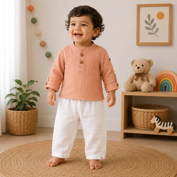 Muslin_Cotton_Peach_Kurta_And_White_Pants_Set_for_Boys