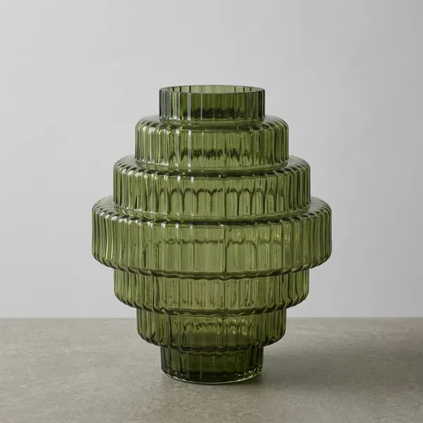Green_Ribbed_Glass_Tiered_Vase_for_Home_Decor