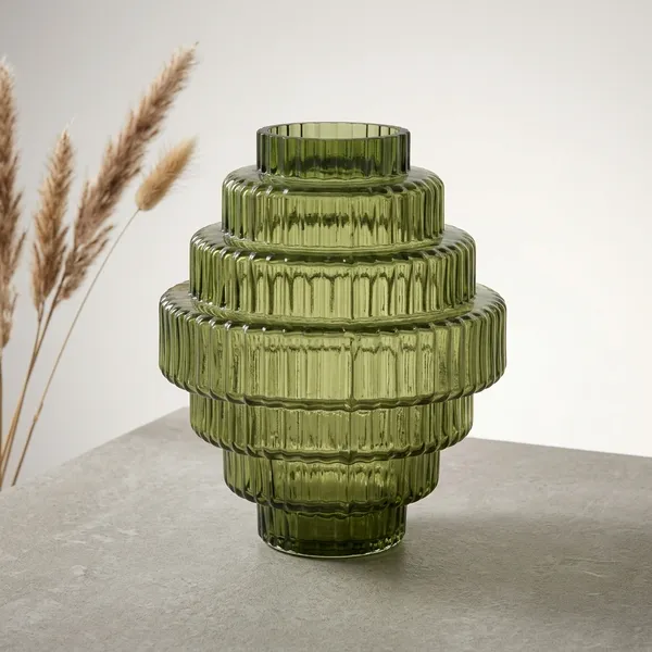 Green_Ribbed_Glass_Tiered_Vase_for_Home_Decor