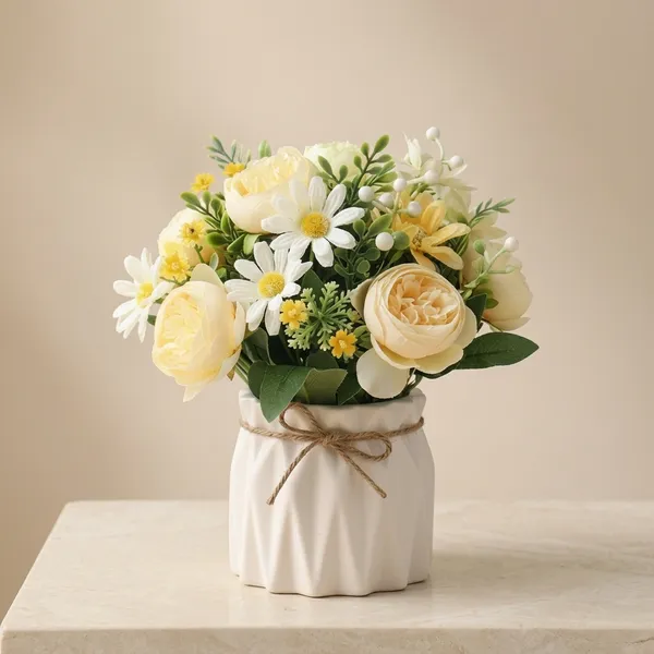 White_And_Yellow_Artificial_Floral_Arrangement_in_Ceramic_Pot