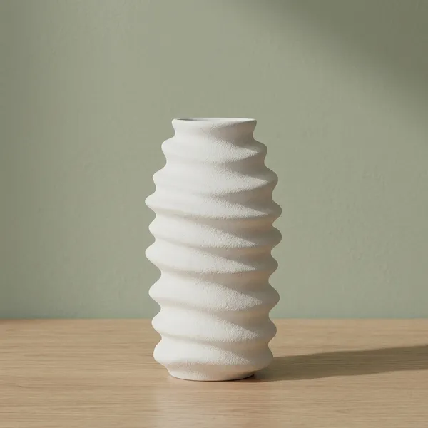 White_Ceramic_Spiral_Ribbed_Decorative_Vase