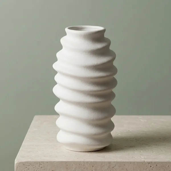 White_Ceramic_Spiral_Ribbed_Decorative_Vase
