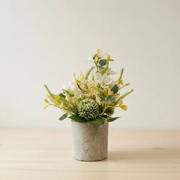 White_And_Green_Artificial_Floral_Arrangement_in_Concrete_Pot