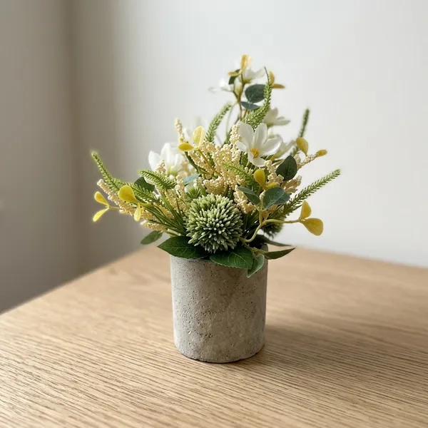 White_And_Green_Artificial_Floral_Arrangement_in_Concrete_Pot