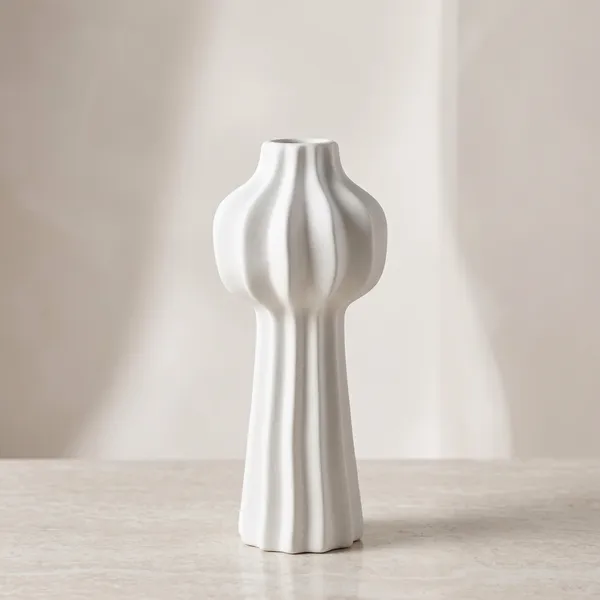 White_Ceramic_Sculptural_Vase_With_Vertical_Grooves_:_Dome_Ceramic_Vase