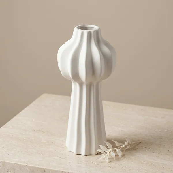 White_Ceramic_Sculptural_Vase_With_Vertical_Grooves_:_Dome_Ceramic_Vase