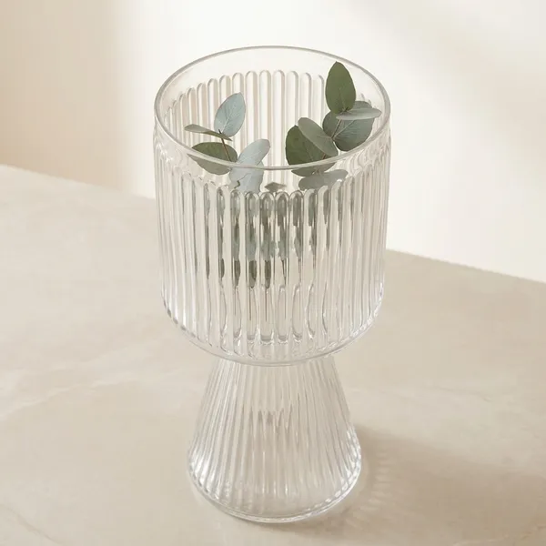 Transparent_Ribbed_Glass_Vase_Planter_with_Pedestal_Base