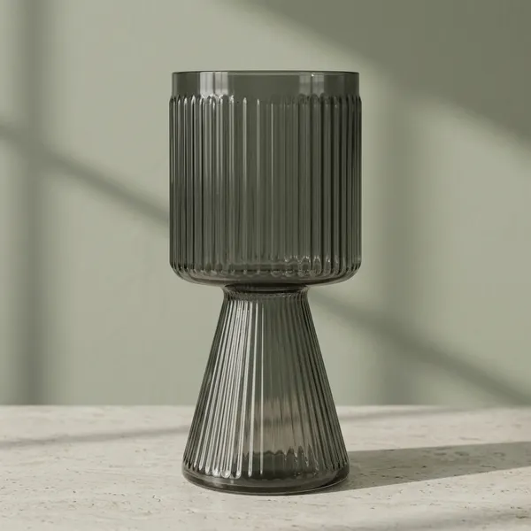 Grey_Ribbed_Glass_Vase_Planter_with_Pedestal_Base