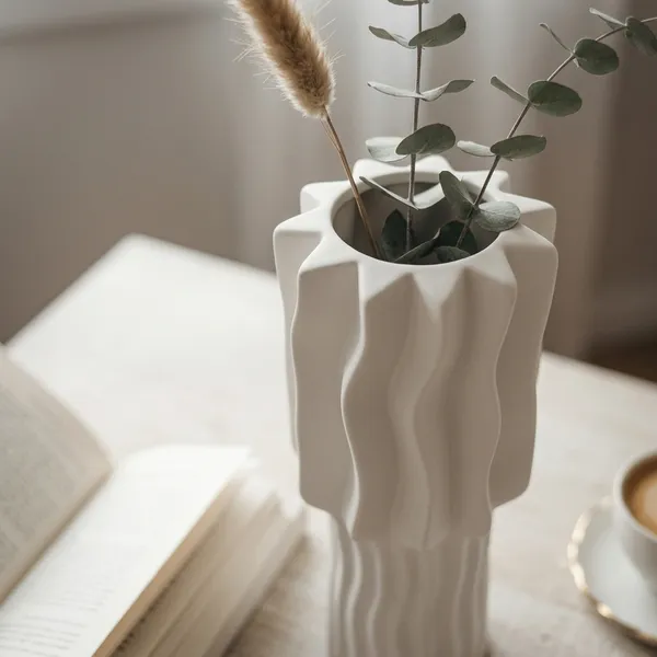White_Ceramic_Wavy_Textured_Cylindrical_Vase