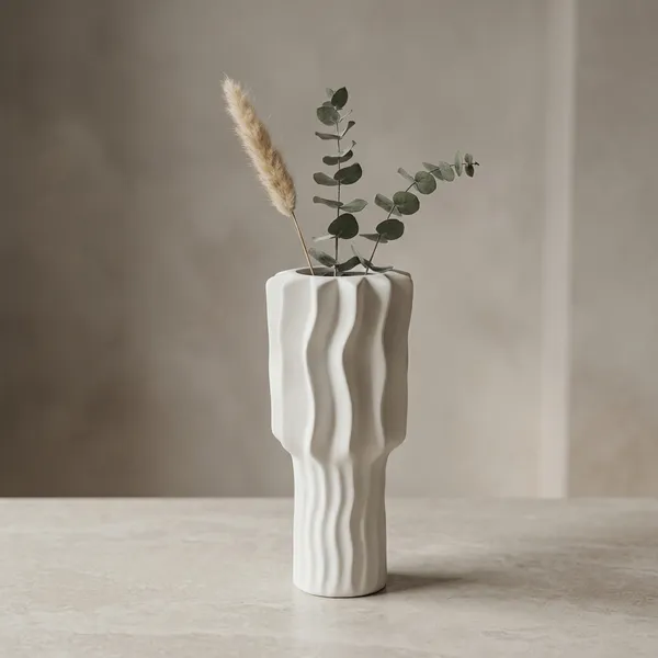 White_Ceramic_Wavy_Textured_Cylindrical_Vase