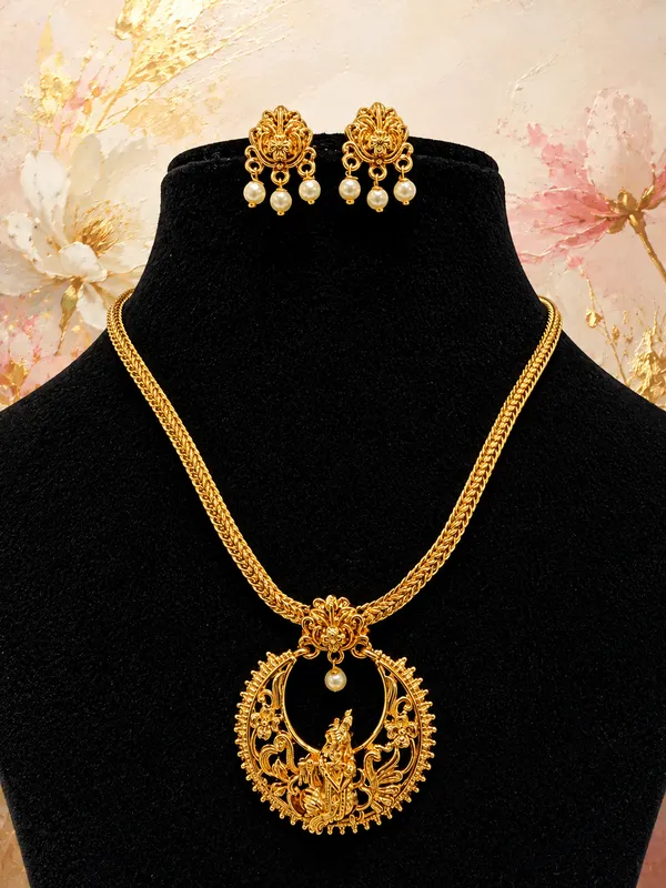Antique_Gold-Plated_Temple_Krishna_Motif_Round_Pendant_Necklace_with_Floral_Drop_Earrings