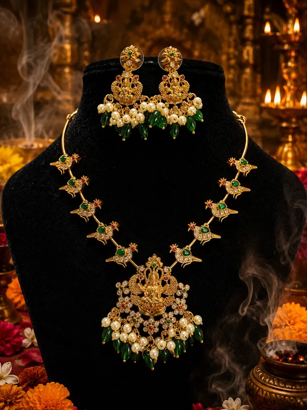 Antique_Gold-Plated_Temple_Lakshmi_Peacock_Bird_Motif_Necklace_Set_with_Chandelier_Earrings