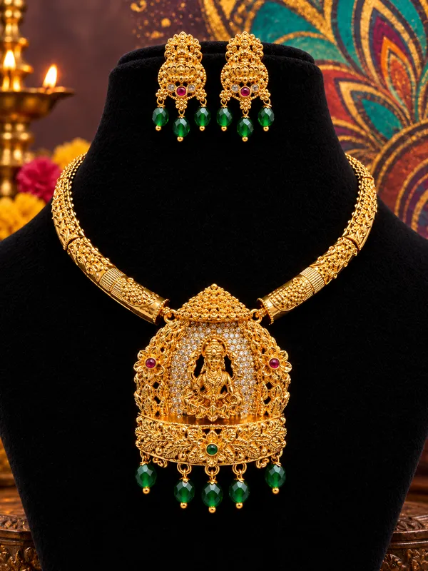 Antique_Gold-Plated_Temple_Lakshmi_Pendant_Necklace_Set_with_Emerald_Drop_Earrings