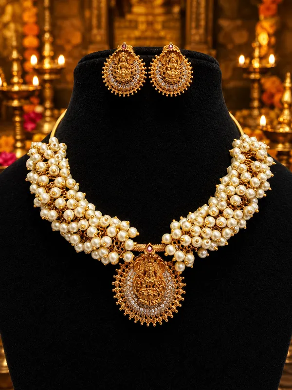 Antique_Gold-Plated_Temple_Lakshmi_Pendant_Pearl_Cluster_Necklace_Set_with_Earrings