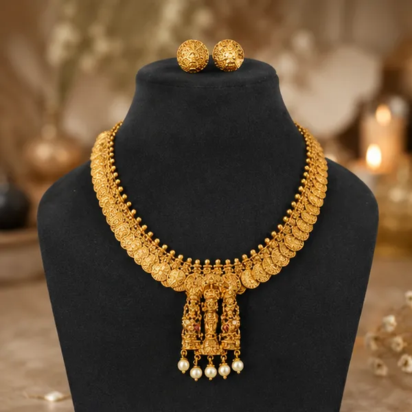 Antique_Gold-Tone_Coin_Necklace_with_Temple_Pendant_&_Matching_Stud_Earrings