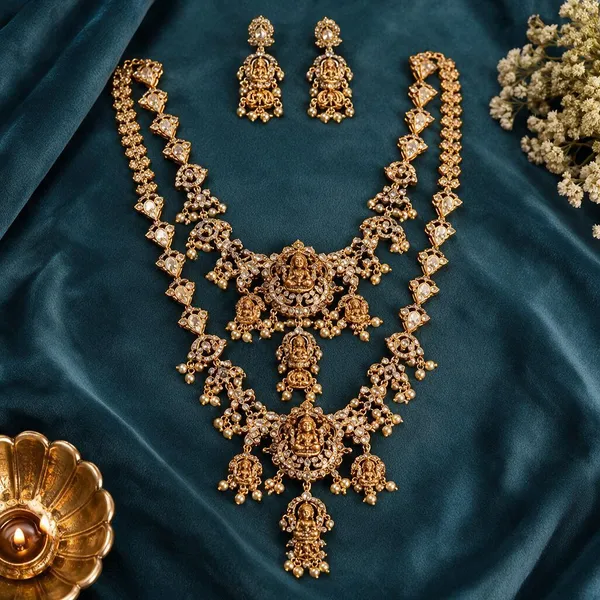 Gold-Tone_Temple_Jewellery_Set_–_Triple_Goddess_Lakshmi_Pendant_Necklace_with_Matching_Earrings