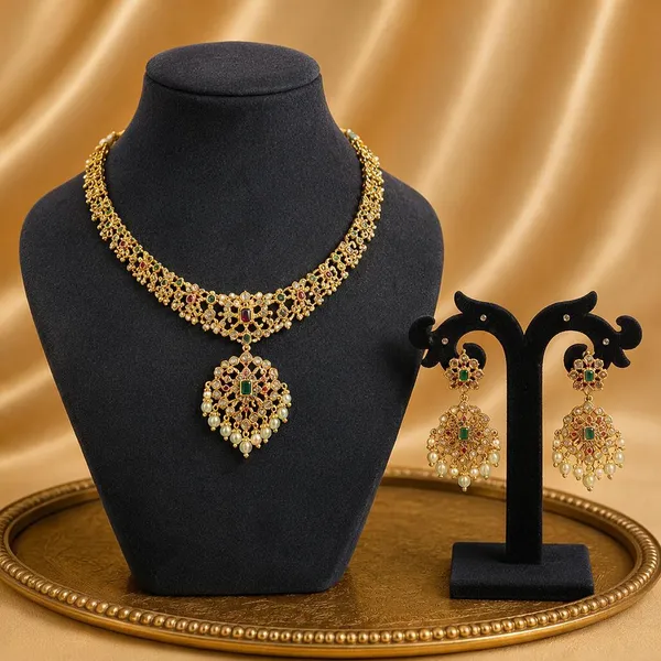 Gold-Tone_Filigree_Choker_Necklace_with_Pearl_Teardrop_Pendant_&_Matching_Earrings