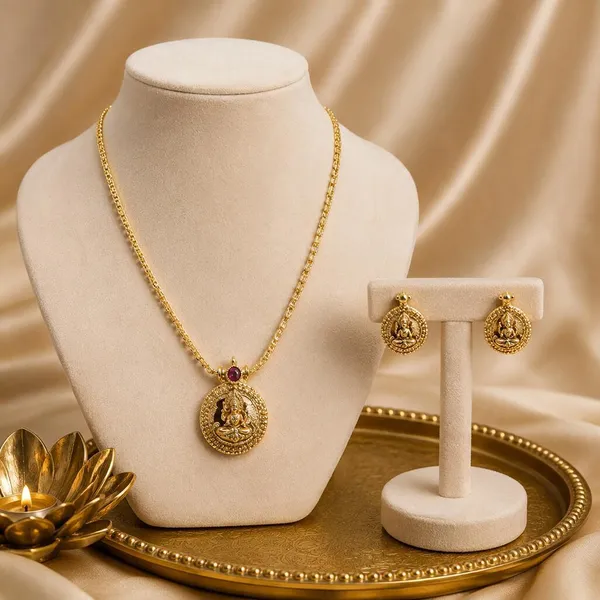 Gold-Tone_Goddess_Lakshmi_Pendant_Chain_with_Matching_Studs
