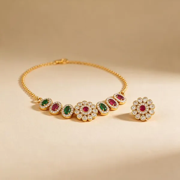 Gold-Plated_Ruby_&_Emerald_Floral_Cluster_Necklace_with_Stud_Earrings