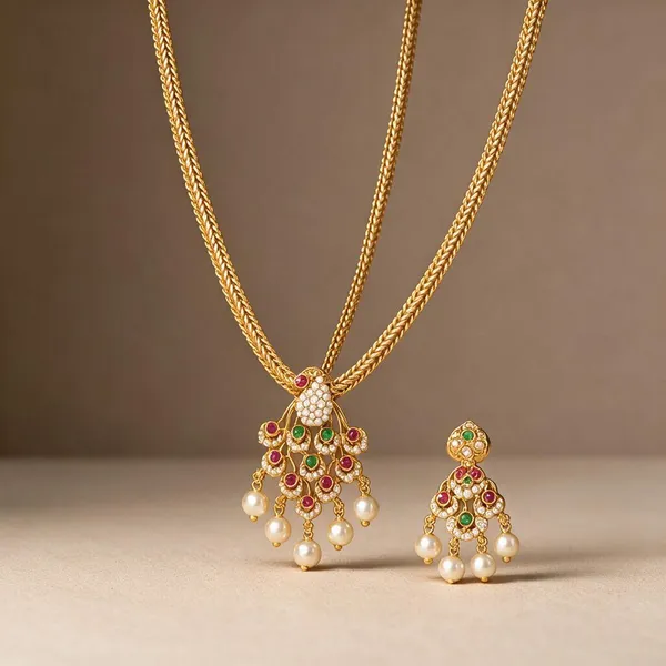 Gold-Plated_Kundan_Peacock_Pendant_Herringbone_Necklace_with_Pearl_Drop_Earrings