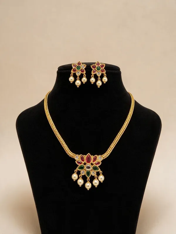 Gold-Plated_Ruby_&_Emerald_Floral_Pendant_Herringbone_Necklace_with_Pearl_Drop_Earrings