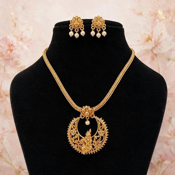 Antique_Gold-Plated_Temple_Krishna_Motif_Round_Pendant_Necklace_with_Floral_Drop_Earrings