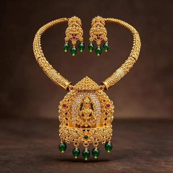Antique_Gold-Plated_Temple_Lakshmi_Pendant_Necklace_Set_with_Emerald_Drop_Earrings