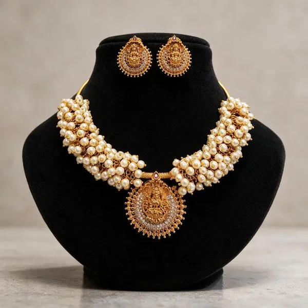 Antique_Gold-Plated_Temple_Lakshmi_Pendant_Pearl_Cluster_Necklace_Set_with_Earrings