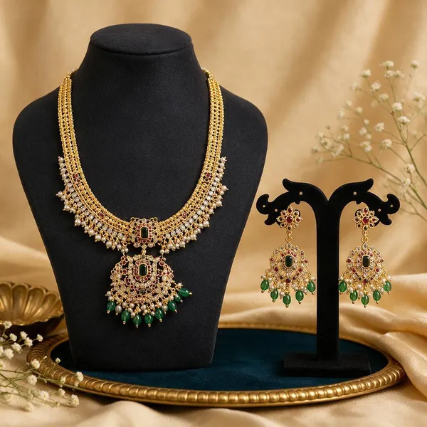 Gold-Tone_Long_Haram_with_Kemp_Stone_Peacock_Pendant_&_Matching_Earrings