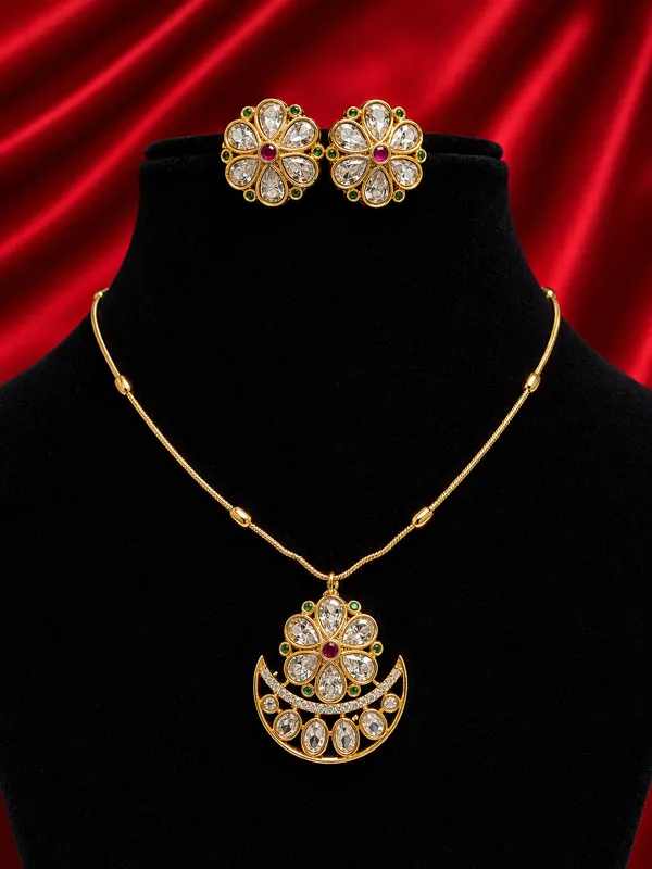 Gold-Plated_Kundan_Crescent_Moon_Pendant_Necklace_with_Floral_Stud_Earrings