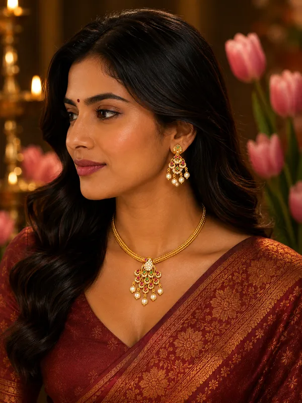 Gold-Plated_Kundan_Peacock_Pendant_Herringbone_Necklace_with_Pearl_Drop_Earrings