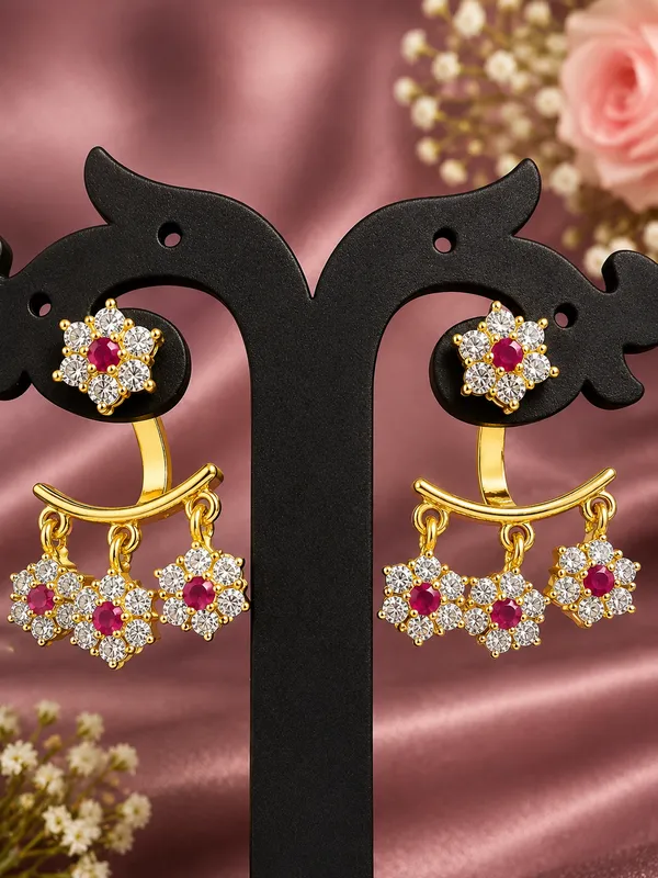 Gold-Plated_Ruby_Floral_Triple_Drop_Earrings
