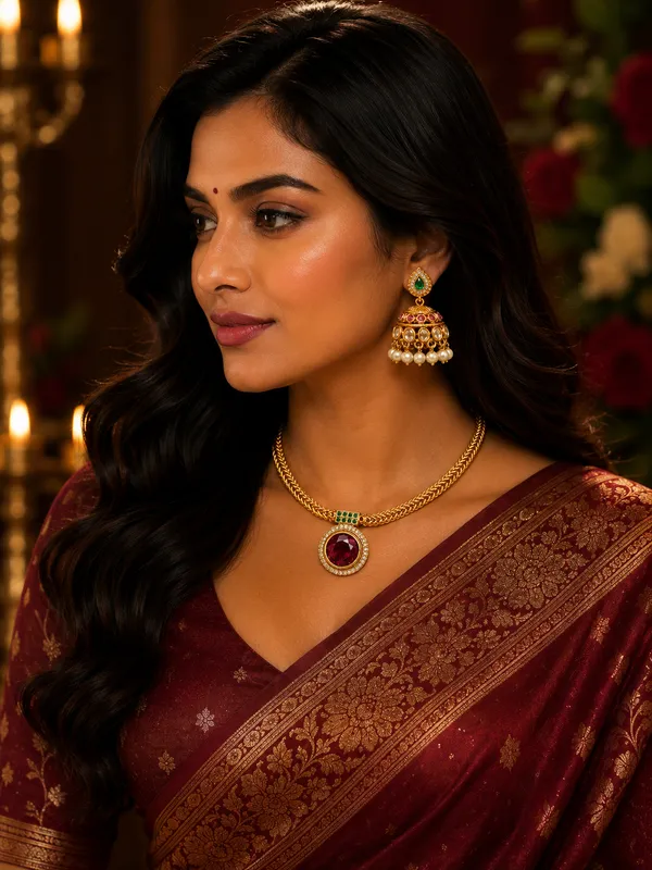 Gold-Plated_Ruby_Pendant_Herringbone_Chain_Necklace_with_Jhumka_Earrings