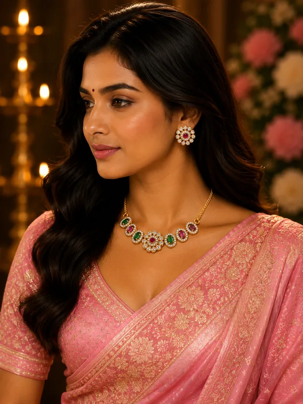 Gold-Plated_Ruby_&_Emerald_Floral_Cluster_Necklace_with_Stud_Earrings