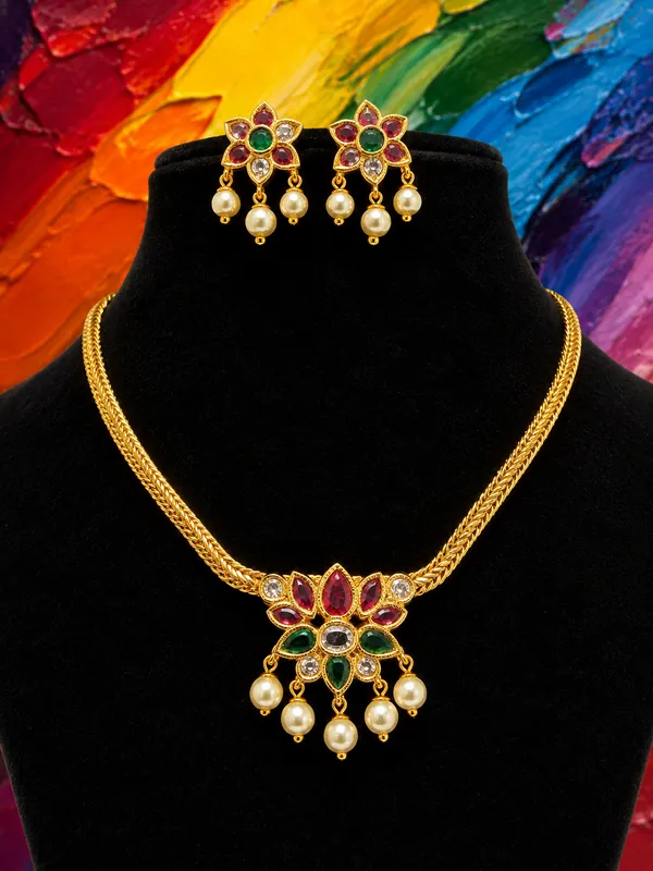 Gold-Plated_Ruby_&_Emerald_Floral_Pendant_Herringbone_Necklace_with_Pearl_Drop_Earrings