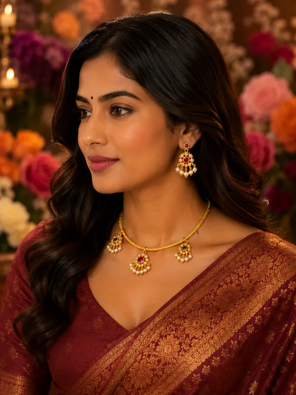 Gold-Plated_Ruby_&_Emerald_Multi-Charm_Pearl_Drop_Necklace_with_Chandbali_Earrings