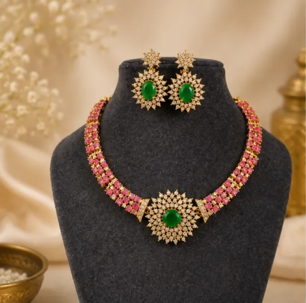 Gold-Tone_Emerald_&_Pink_Kundan_Choker_Necklace_with_Matching_Earrings