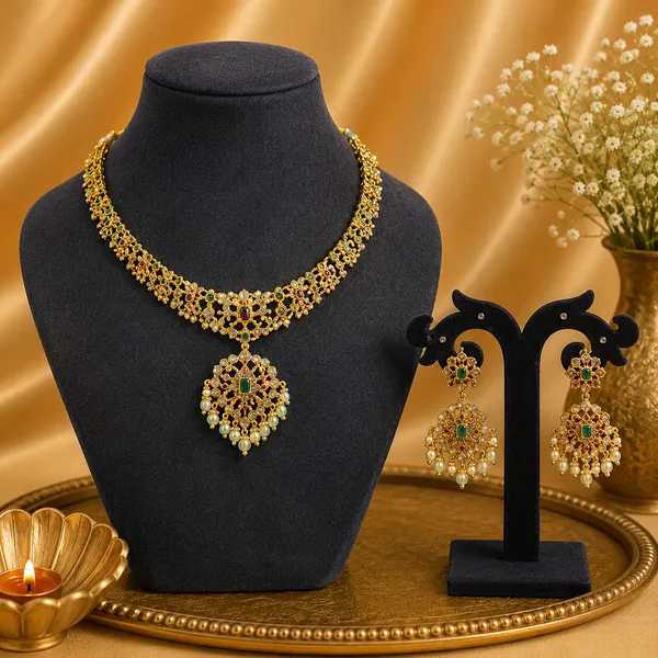 Gold-Tone_Filigree_Choker_Necklace_with_Pearl_Teardrop_Pendant_&_Matching_Earrings