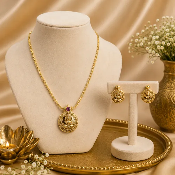 Gold-Tone_Goddess_Lakshmi_Pendant_Chain_with_Matching_Studs
