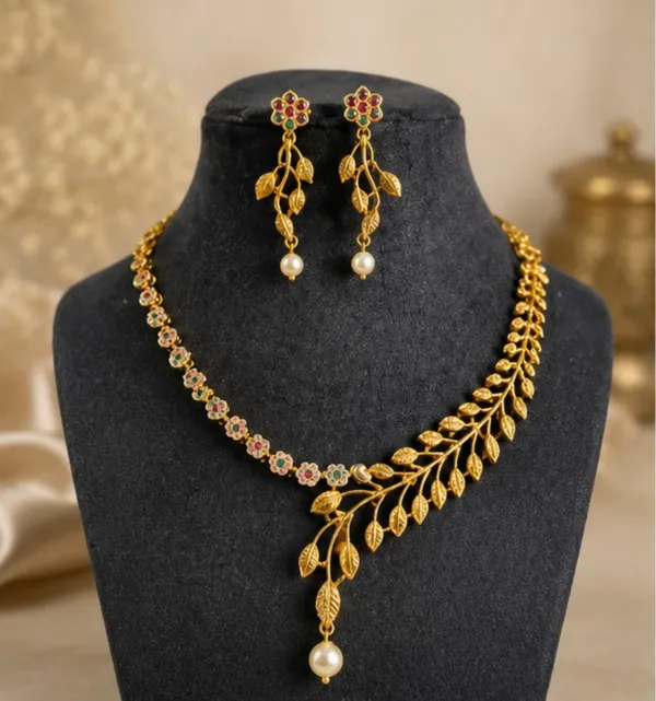 Gold-Tone_Leaf_Vine_Necklace_with_Amber_Bead_Drop_&_Matching_Earrings