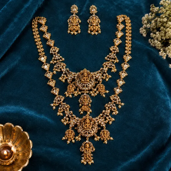Gold-Tone_Temple_Jewellery_Set_–_Triple_Goddess_Lakshmi_Pendant_Necklace_with_Matching_Earrings