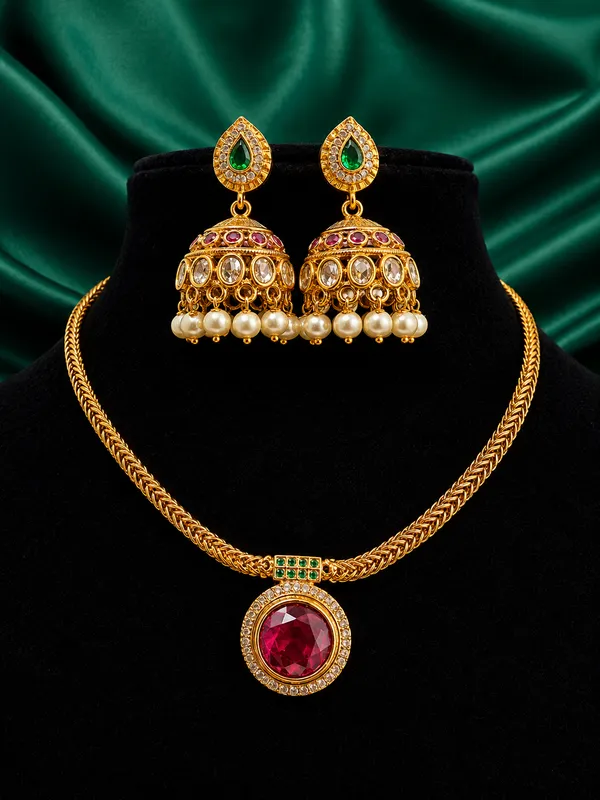Gold-Plated_Ruby_Pendant_Herringbone_Chain_Necklace_with_Jhumka_Earrings