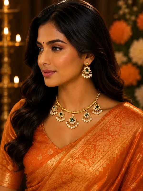 Gold-Plated_Emerald_Peacock-Fan_Pearl_Drop_Necklace_Set_with_Earrings
