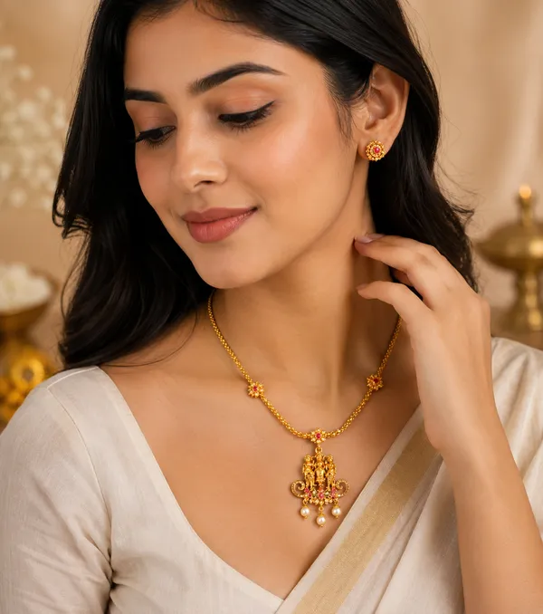 Antique_Gold-Tone_Beaded_Chain_Necklace_with_Chandelier_Pendant_&_Matching_Stud_Earrings