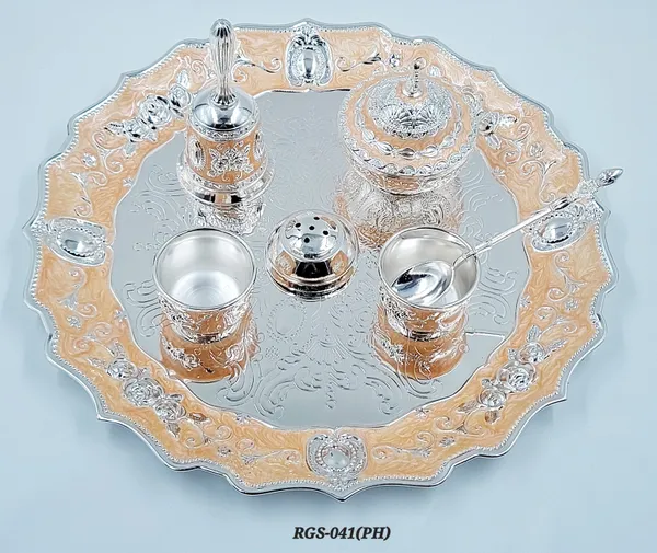 German_Silver_Peach_Enamel_Embossed_Pooja_Thali_Set_With_Small_Agarbatti_Stand_And_Bell