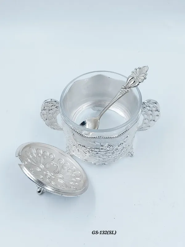 German_Silver_Enamel_Peacock_Embossed_Sugar_Candy_Serving_Bowl